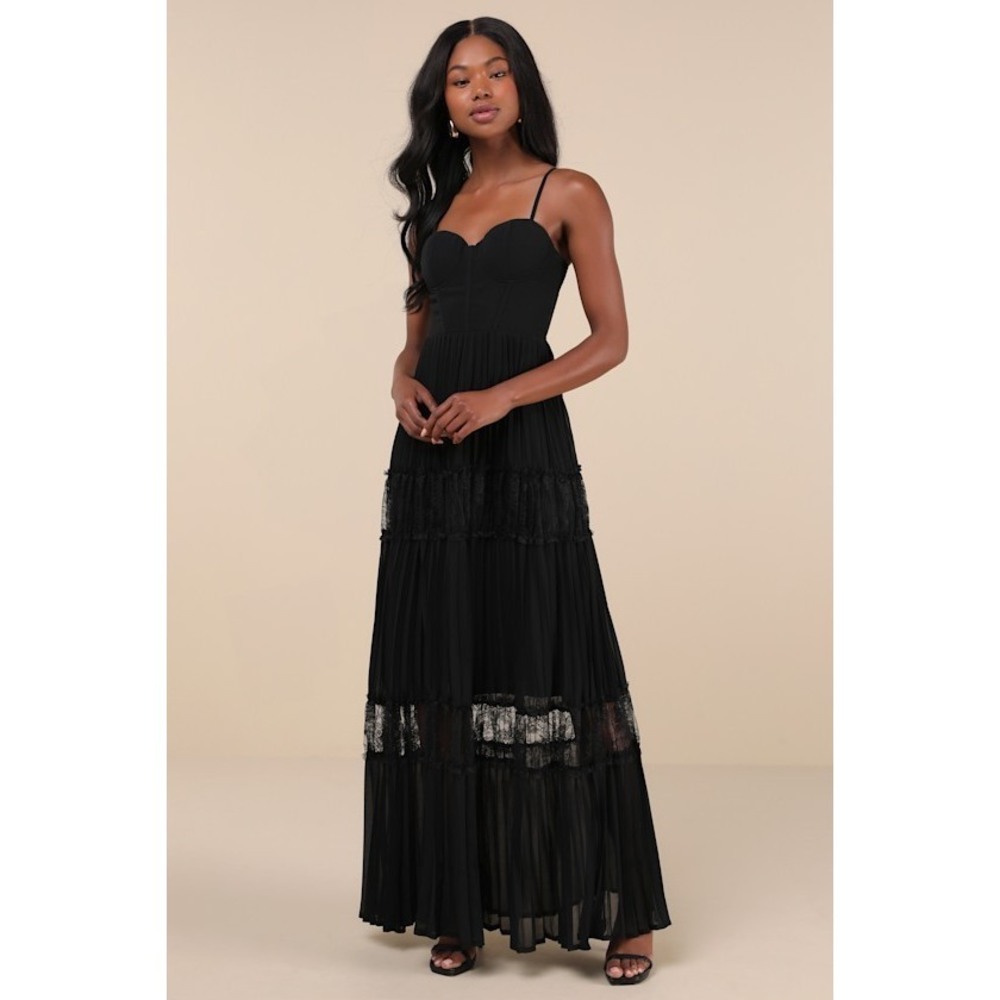 Lulus Stunning Rsvp Black Pleated Lace Sleeveless Bustier Maxi Dress - Size XL